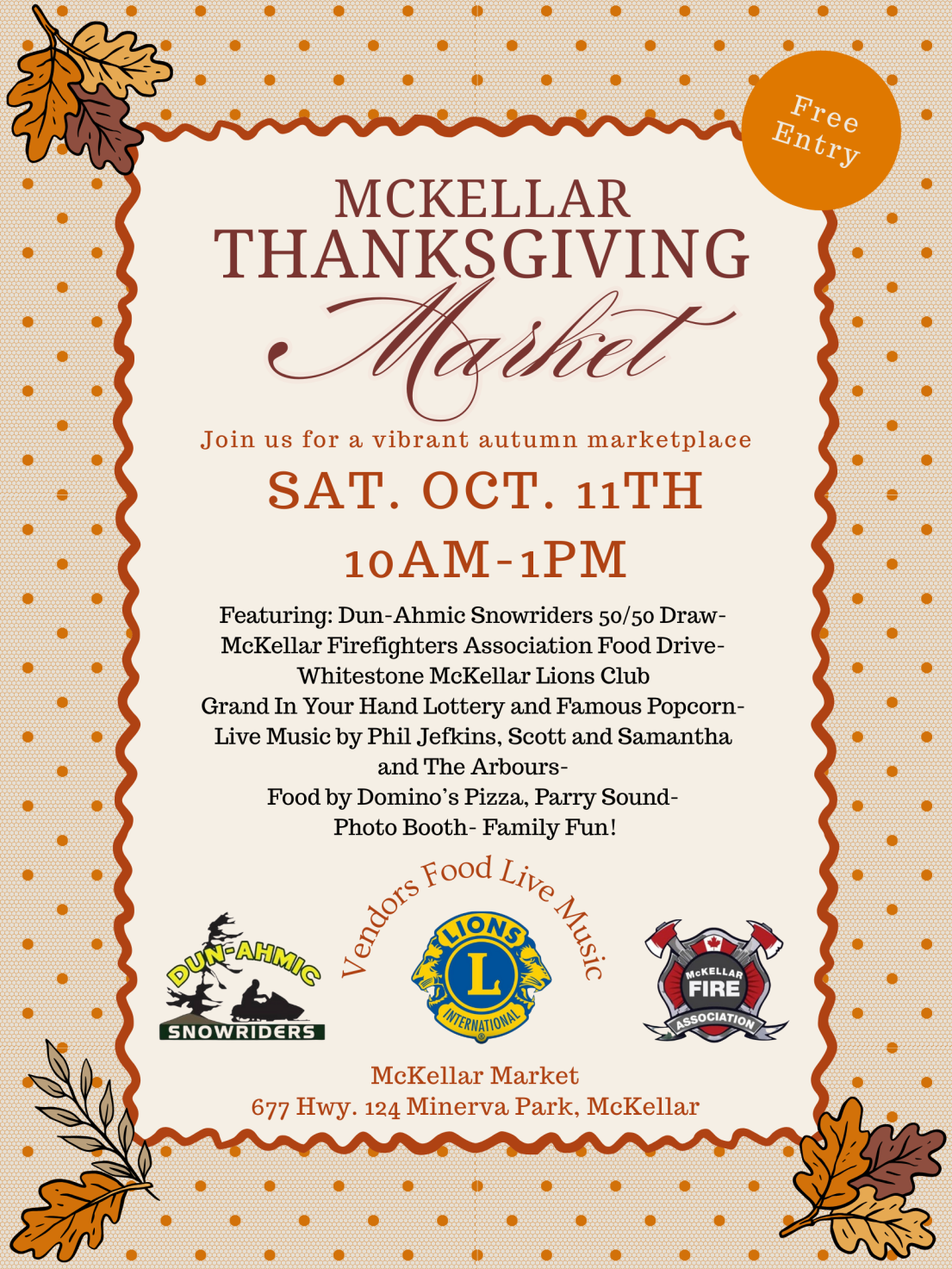 Thanksgiving market flyer with autumn leaves and event details.