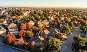 Aerial view of a town in fall.
