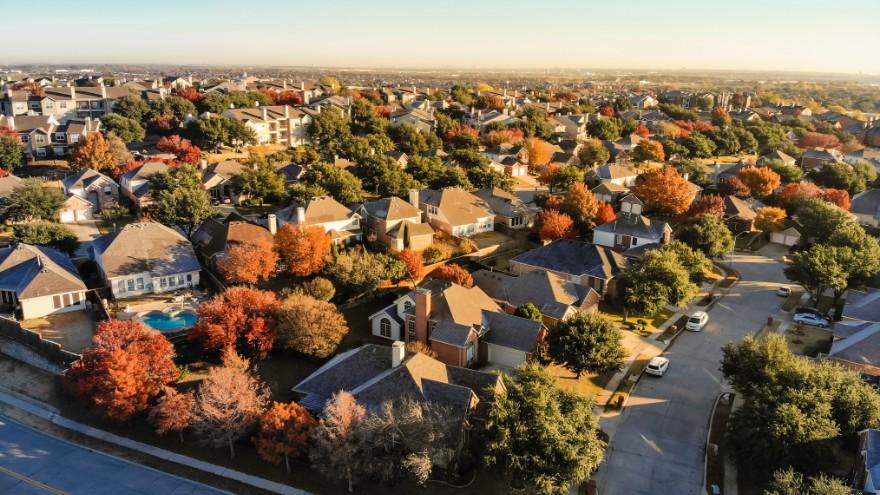 Aerial view of a town in fall.